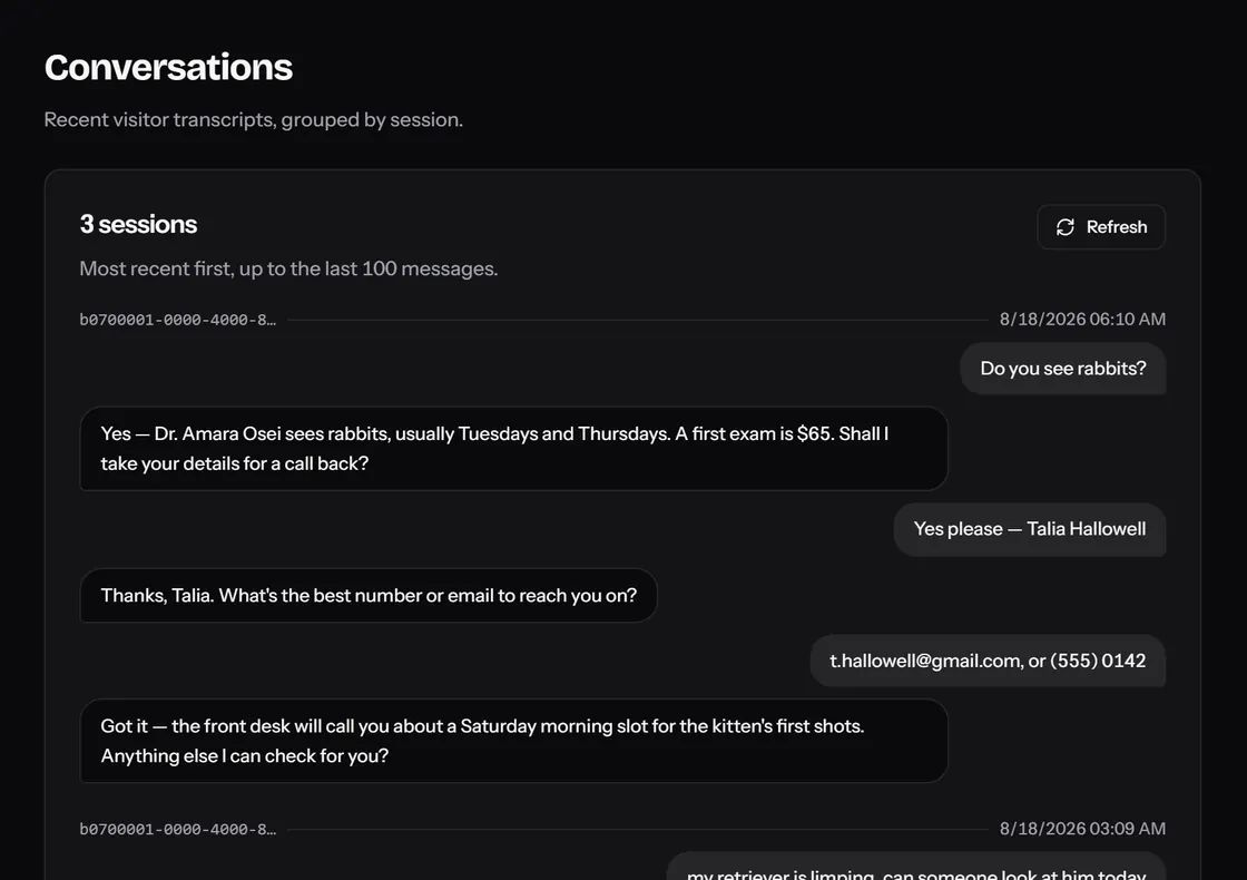 The Conversations screen: visitor transcripts grouped by session, showing what the bot was asked and how it answered.
