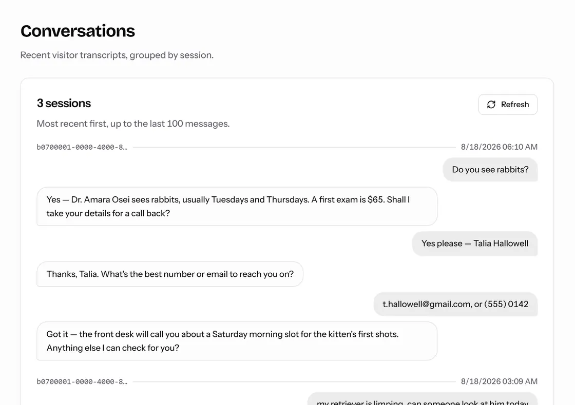 The Conversations screen: visitor transcripts grouped by session, showing what the bot was asked and how it answered.