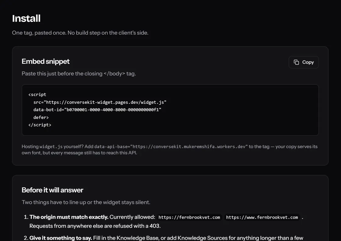 The Install screen showing the one script tag that has to be pasted into a site.
