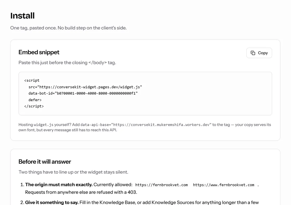 The Install screen showing the one script tag that has to be pasted into a site.