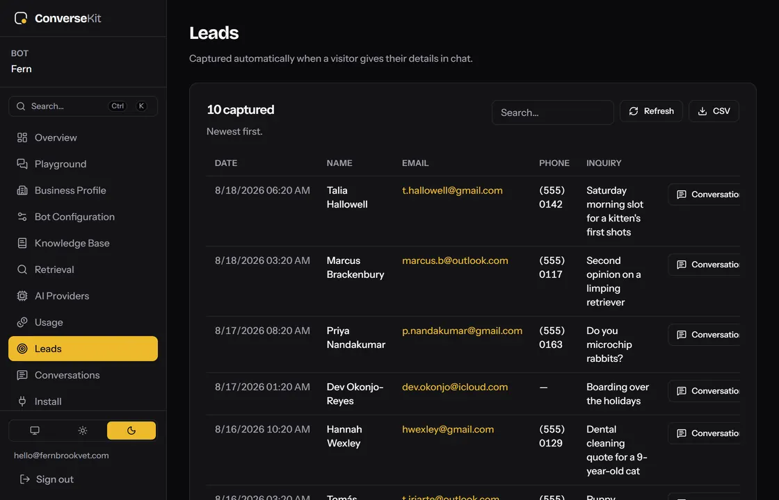 The Leads screen: ten leads captured from chat, each with the name, email, phone and what they asked about.