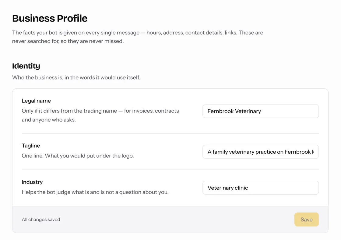 The Business Profile screen, where the clinic’s name, address and opening hours are filled in.