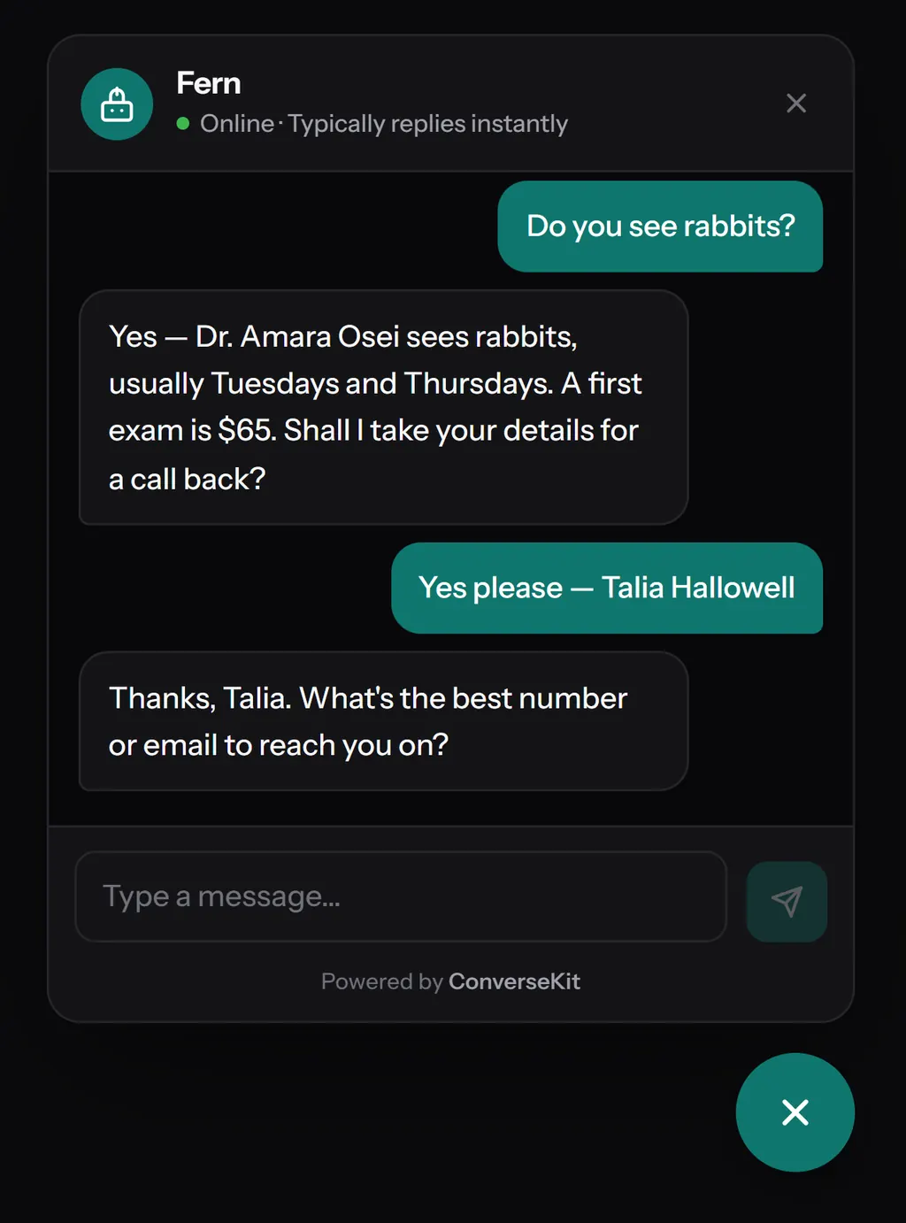 The chat widget open on a website, answering a question about the clinic and then asking the visitor for their contact details.