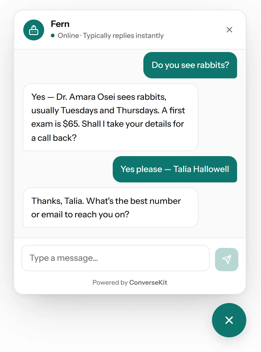The chat widget open on a website, answering a question about the clinic and then asking the visitor for their contact details.